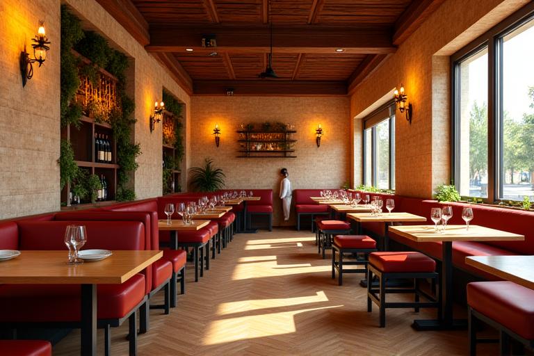 Interno accogliente del ristorante Caimano Cucina con tavoli in legno e luci calde.